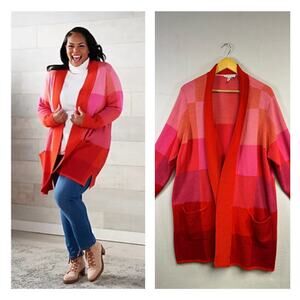 Woman's Isaac Mizrahi Live Red Plaid Color Block Sweater Cardigan 2X Cozy
